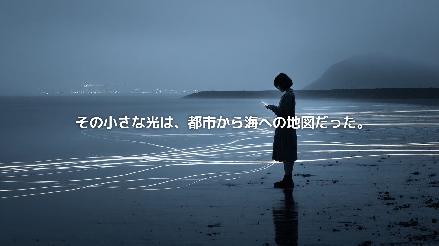 相模湾を背景に、海辺に立つ少女のシルエットが小さな光を見つめている抽象的なビジュアル。砂浜には都市から海へ流れる経路を思わせる光の線が走り、「その小さな光は、都市から海への地図だった。」というコピーが配置されている。