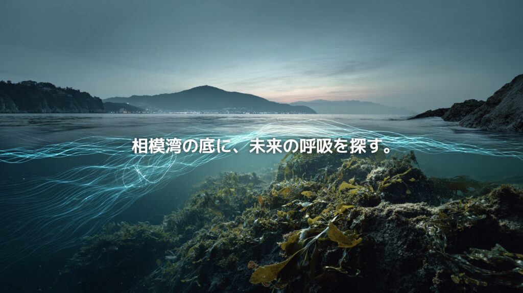 相模湾の水面と海中を同時に描いたアイキャッチ画像。海中には藻場や岩場が広がり、青い光の線がブルーカーボンや海の再生を象徴している。「相模湾の底に、未来の呼吸を探す。」というコピーが配置されている。