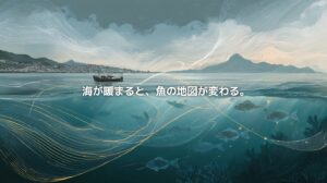 相模湾を舞台に、水面上の漁船と海中を泳ぐ魚のシルエットを描いたアイキャッチ画像。海流や水温変化を思わせる光の線が重なり、「海が暖まると、魚の地図が変わる。」というコピーが配置されている。