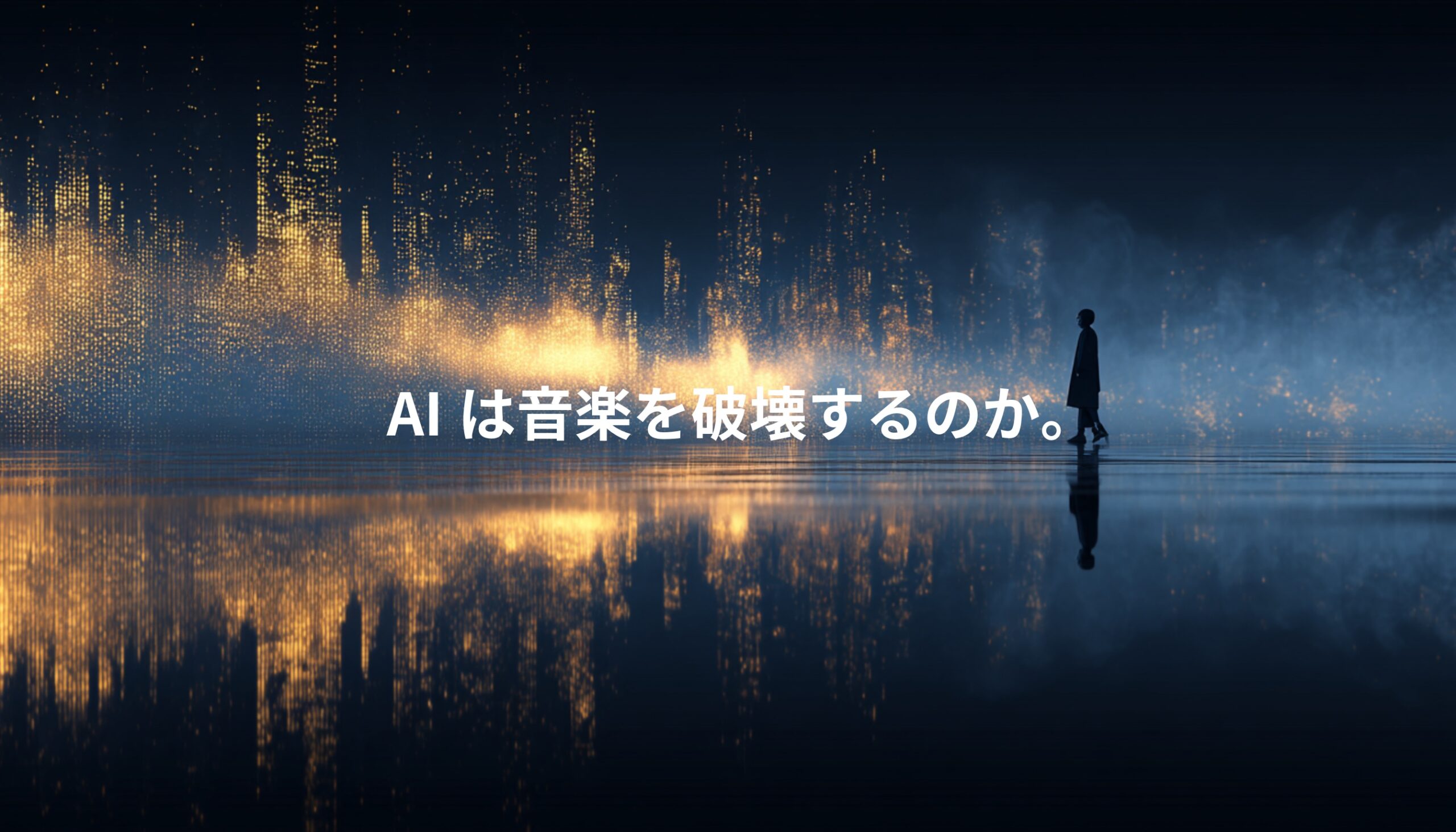 AI音楽時代を象徴するデジタル音波の都市と人物のシルエット。AIが音楽産業を変える未来を表現したビジュアル