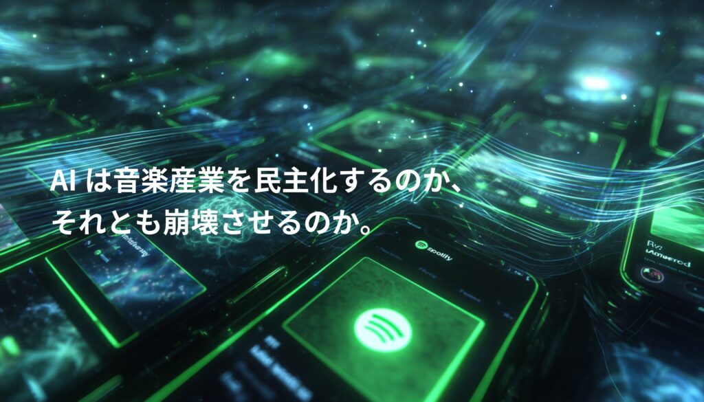 AI音楽生成時代の到来を象徴するビジュアル。Spotifyなどの音楽プラットフォームとデジタル音波が広がり、AIが音楽産業を変える未来を表現。