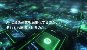 AI音楽生成時代の到来を象徴するビジュアル。Spotifyなどの音楽プラットフォームとデジタル音波が広がり、AIが音楽産業を変える未来を表現。