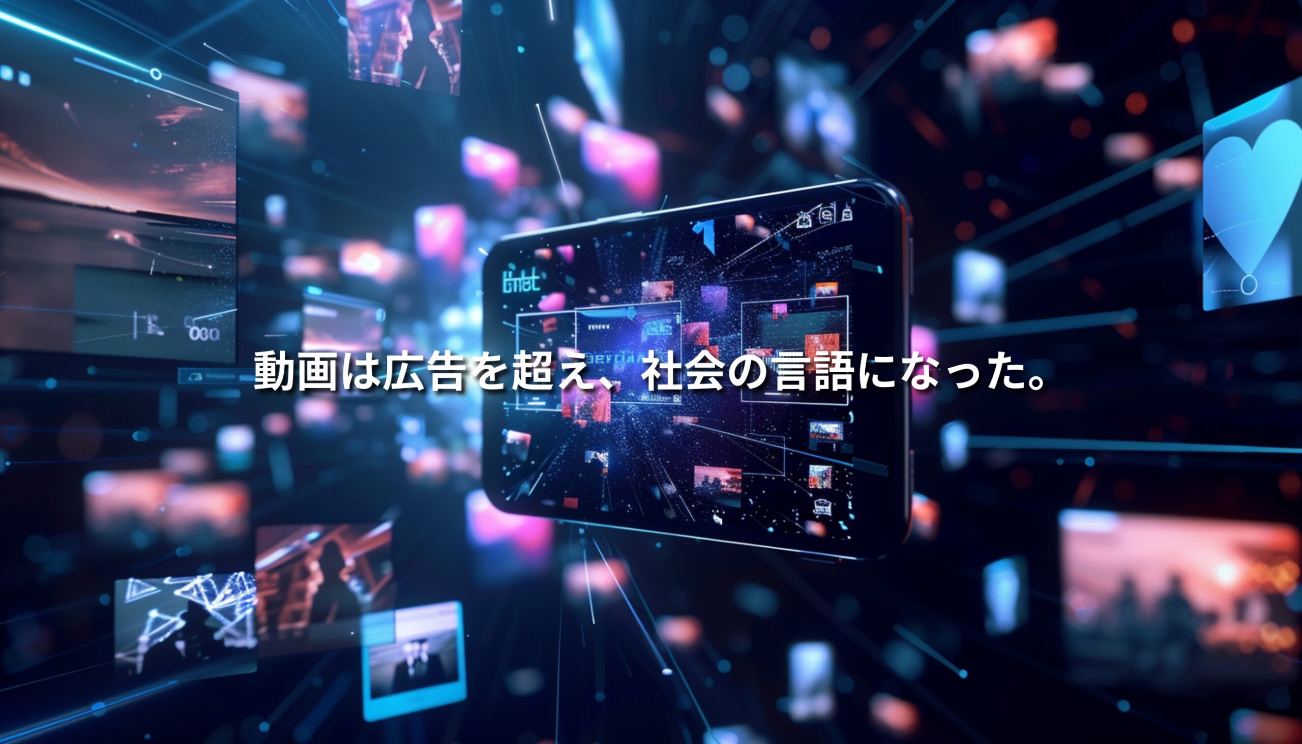 未来的なスマートフォン画面から縦型ショート動画が広がり、光のデータが空間に流れる様子を描いたデジタル映像。動画が社会の言語として拡張していく世界観を表現したビジュアル。