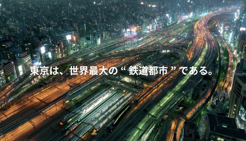 東京の巨大な鉄道ネットワークを俯瞰した夜景。複数の線路が都市を縦横に走り、世界最大級の鉄道都市である東京のインフラ構造を象徴する風景
