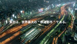 東京の巨大な鉄道ネットワークを俯瞰した夜景。複数の線路が都市を縦横に走り、世界最大級の鉄道都市である東京のインフラ構造を象徴する風景