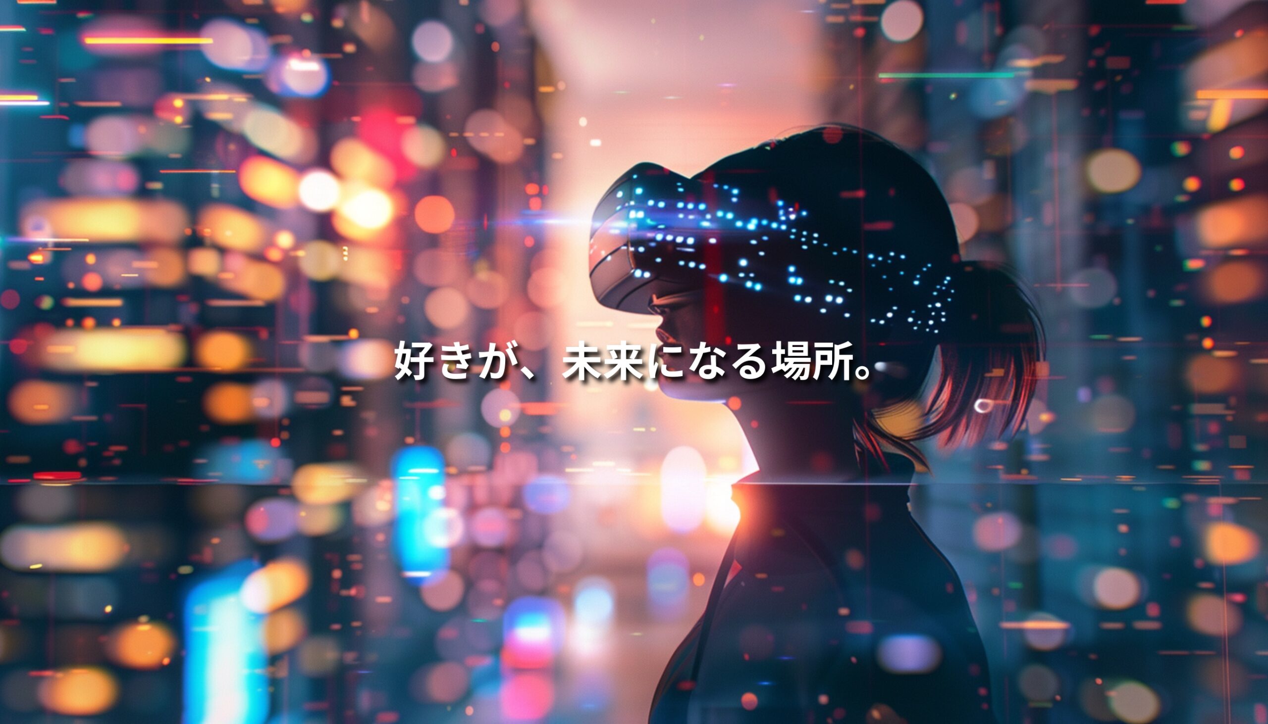 「VRヘッドセットを装着した若者のシルエットと未来都市の光が重なる二重露光構図。キャッチコピー『好きが、未来になる場所。』が表示されている。」
