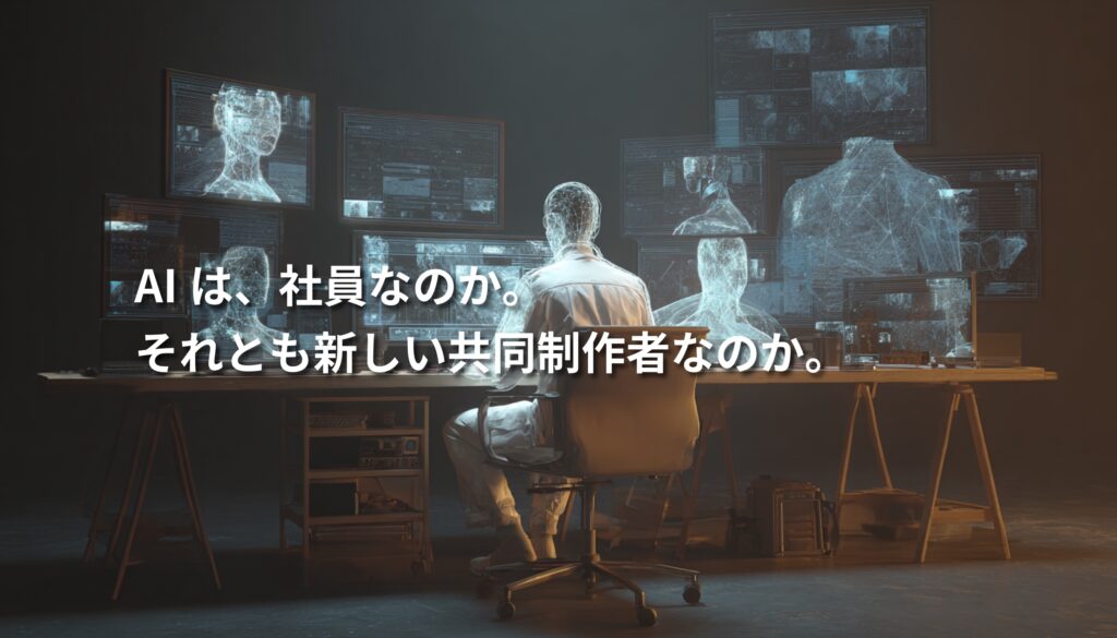 AIを活用して複数のデジタル画面を操作するクリエイター。AIが社員のように働く未来のメディア制作を象徴するイメージ