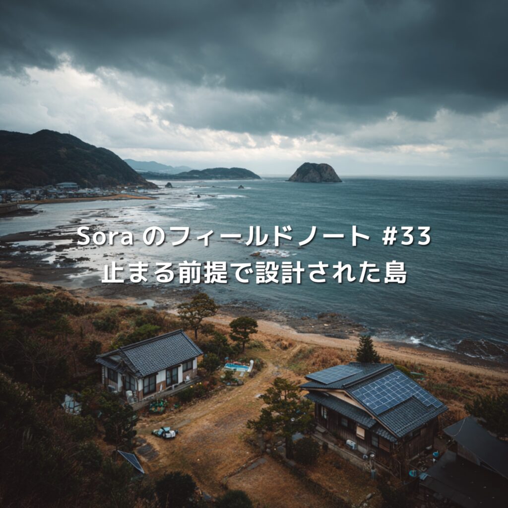 隠岐諸島の海岸と集落、屋根に設置された太陽光パネルと荒れる日本海の空