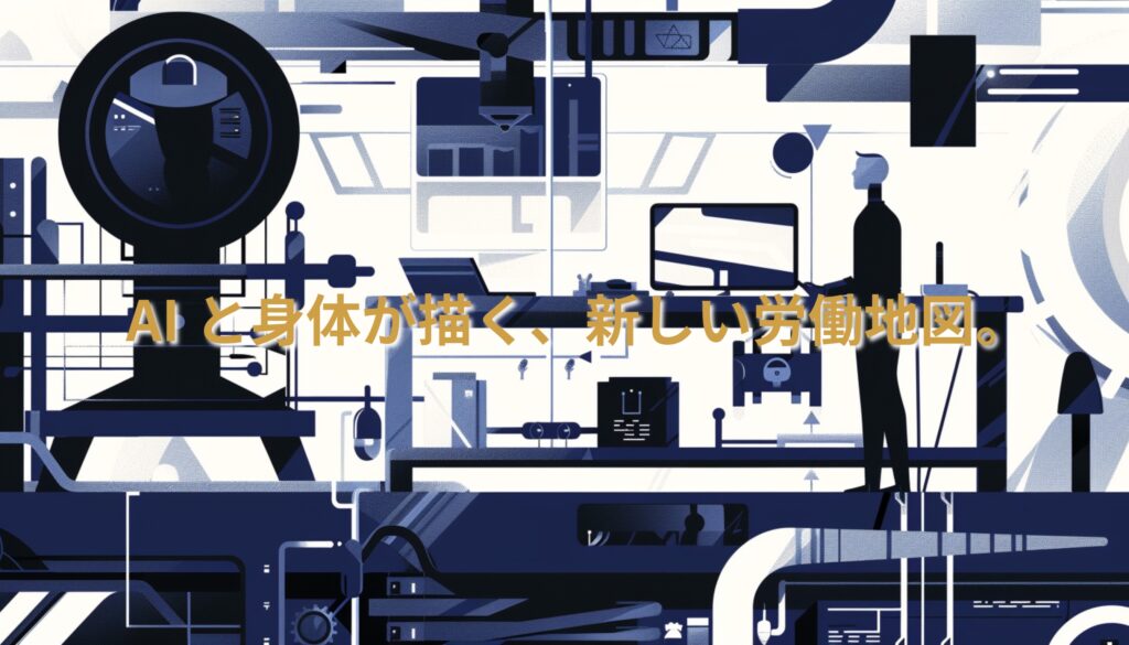 AIと人が共存する未来の労働空間を描いた抽象イラスト。ネイビーとベージュの色調で、働き方の変化を象徴している。