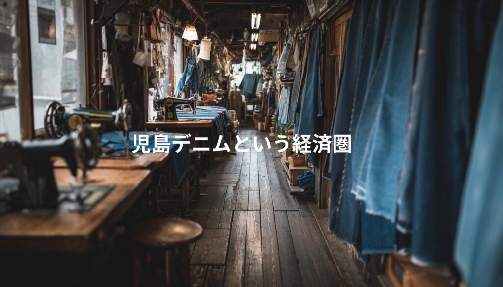 児島デニムの工房に並ぶミシンとインディゴ生地