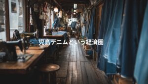 児島デニムの工房に並ぶミシンとインディゴ生地