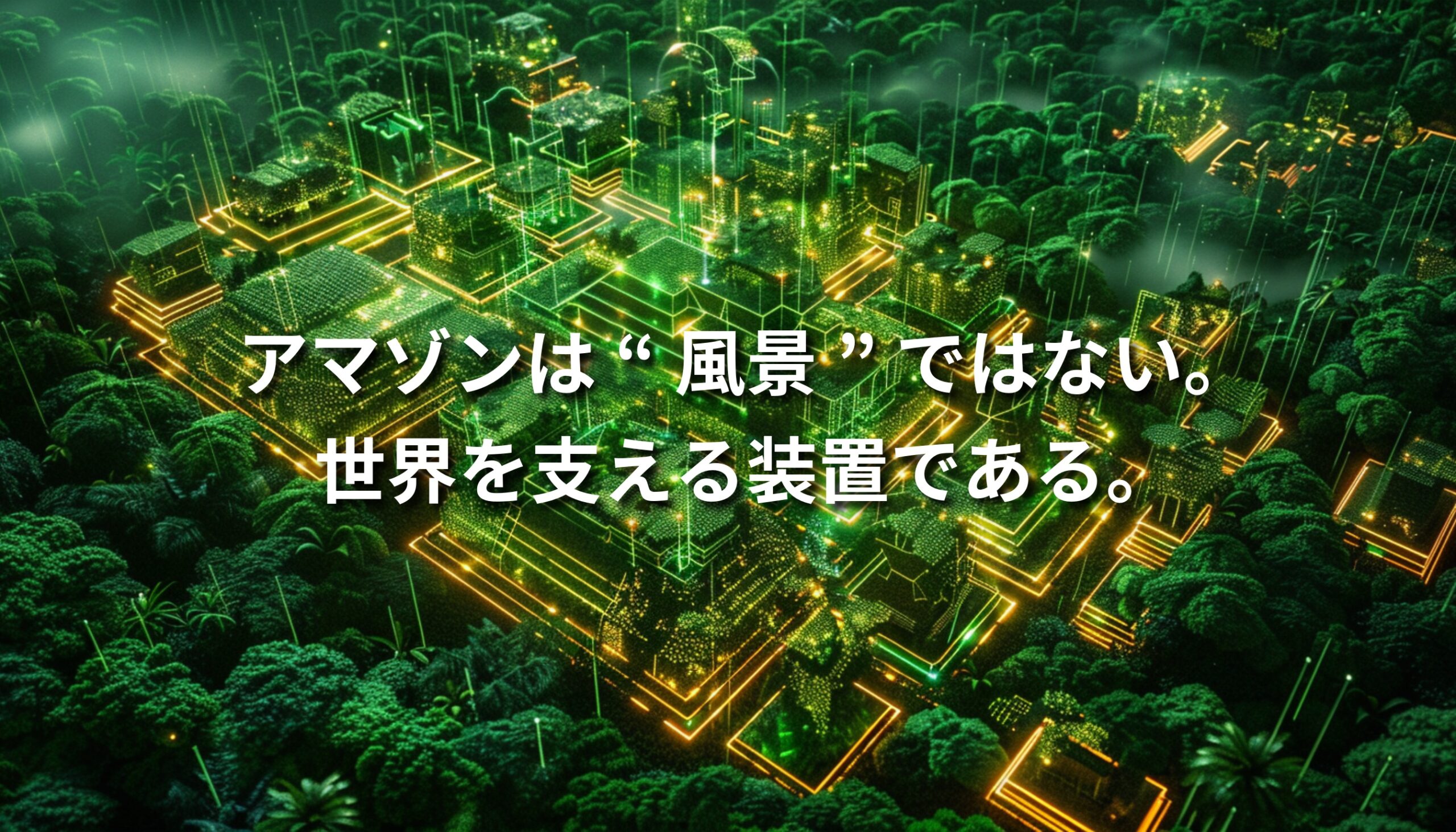 森林の上に浮かび上がる発光した古代都市の回路構造。アマゾンを“自然”ではなく世界を支えるインフラとして再解釈するビジュアル。
