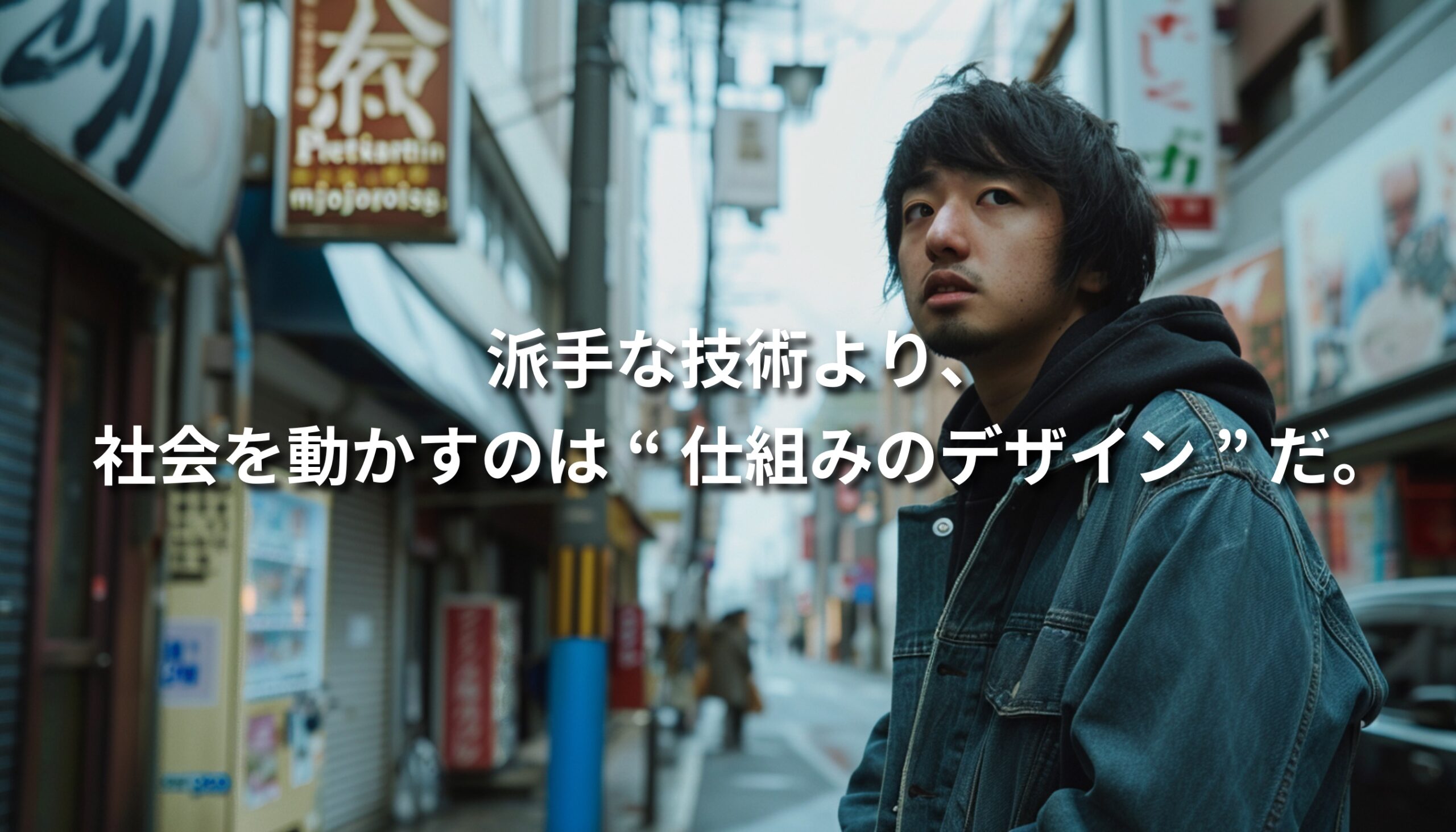 路地裏を歩く若い男性と「派手な技術より、社会を動かすのは仕組みのデザインだ」というコピーが重なるアイキャッチ画像。