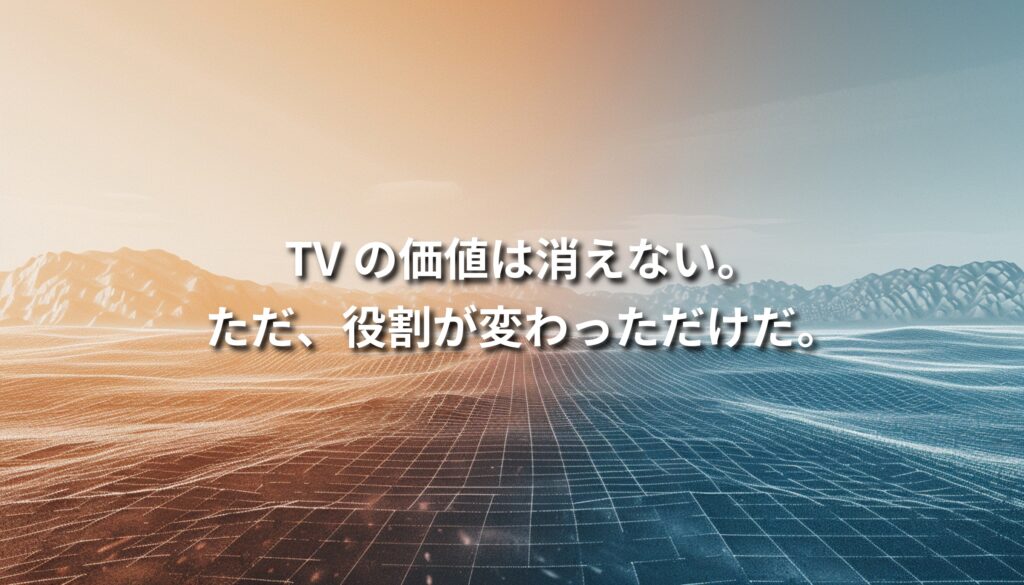 デジタルグリッドとアナログな地平線が交差する風景に「TVの価値は消えない。ただ、役割が変わっただけだ。」というメッセージが重ねられたイメージ 短くしたい場合： デジタル地形と地平線を背景にしたテレビ広告の価値変化を示すビジュアル