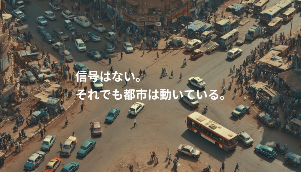 信号のないカイロの交差点で車と歩行者が行き交う様子。人間の判断によって機能する交通システム。