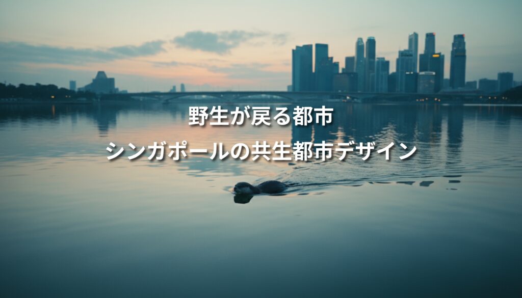 シンガポールの都市水辺を泳ぐカワウソと朝焼けのスカイライン。都市と自然が共生する風景を象徴するイメージ。