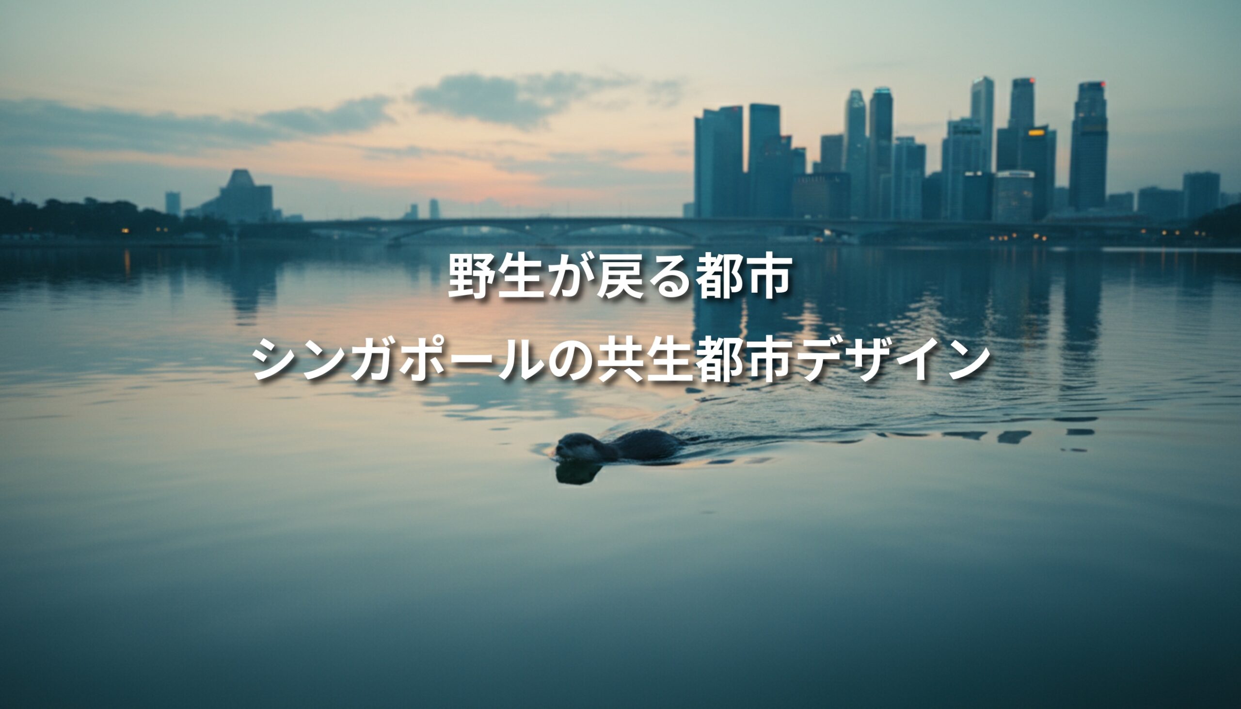 シンガポールの都市水辺を泳ぐカワウソと朝焼けのスカイライン。都市と自然が共生する風景を象徴するイメージ。