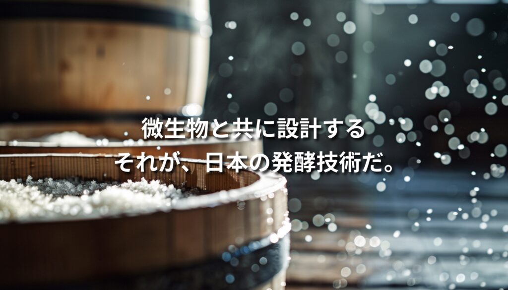 日本の発酵技術を象徴する木桶と麹、微生物の営みを抽象的に表現したビジュアル