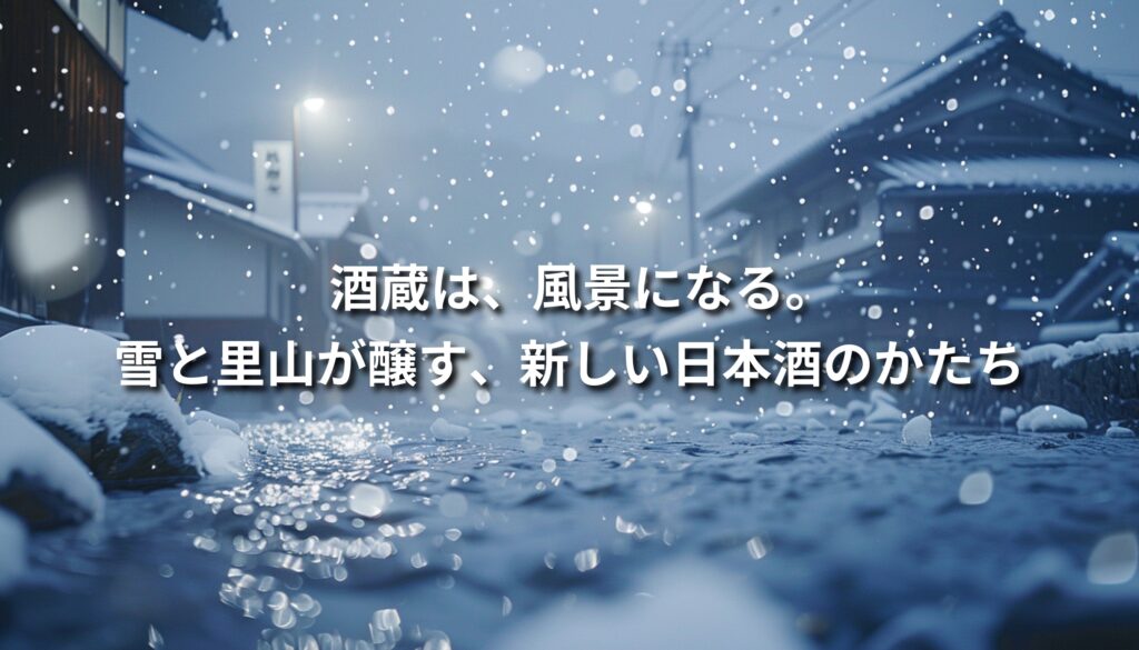 雪に包まれた里山の風景の中に佇む酒蔵。雪解け水と里山の自然が日本酒を醸す「雪と里山醸造所」を象徴するビジュアル。
