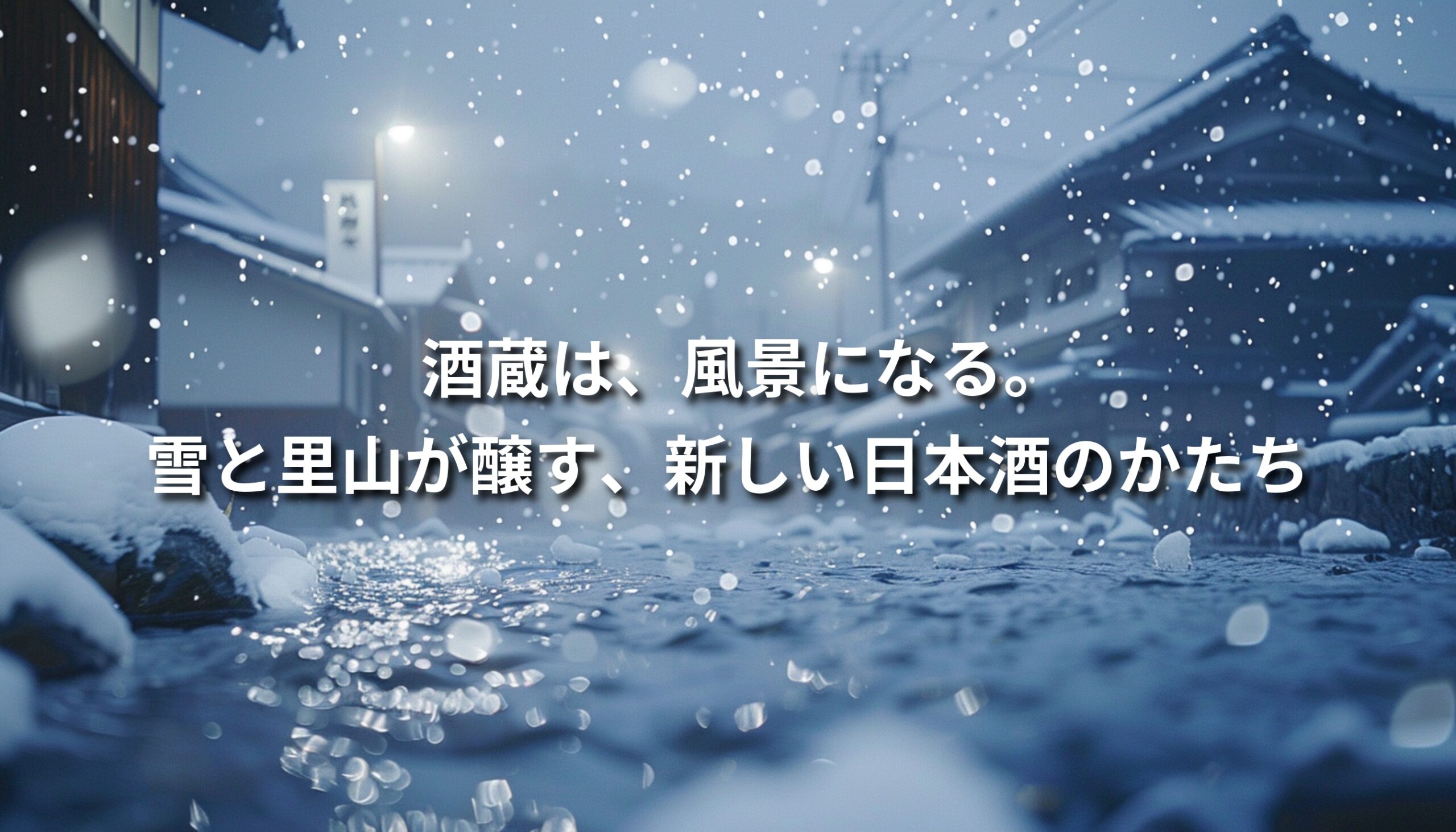 雪に包まれた里山の風景の中に佇む酒蔵。雪解け水と里山の自然が日本酒を醸す「雪と里山醸造所」を象徴するビジュアル。
