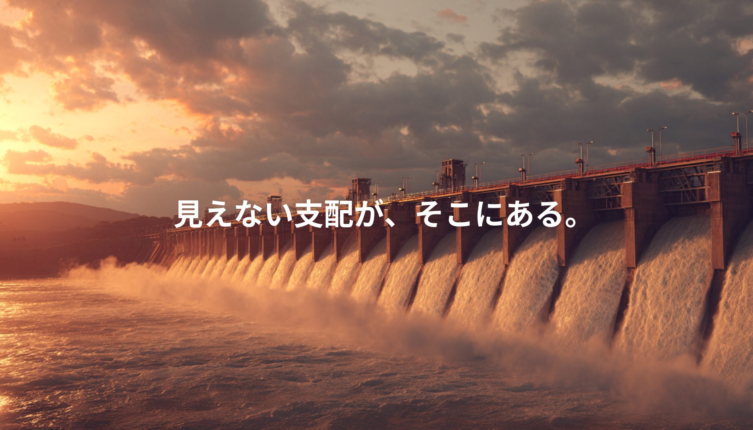 巨大ダムと放流される水、夕焼けの風景｜水資源を制御する見えない支配構造を象徴