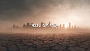 ひび割れた大地と都市のシルエット｜水不足による未来の危機を象徴するビジュアル