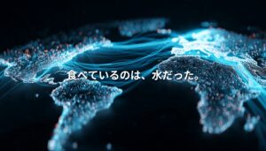 水の流れが可視化された世界地図と「食べているのは、水だった。」というテキスト