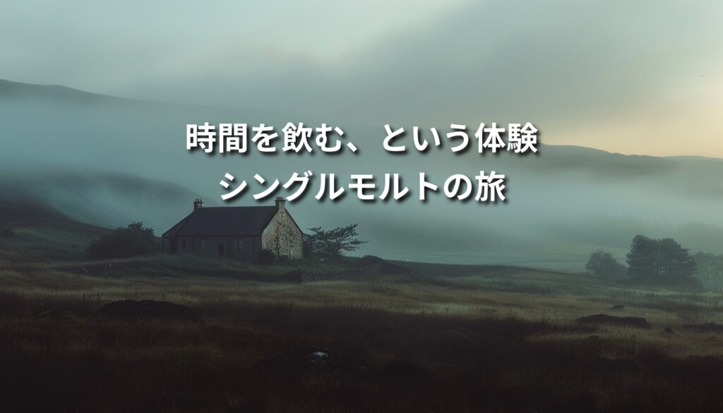 霧に包まれたスコットランドの丘陵風景を背景に、シングルモルトを旅の視点で描く特集記事のアイキャッチ画像