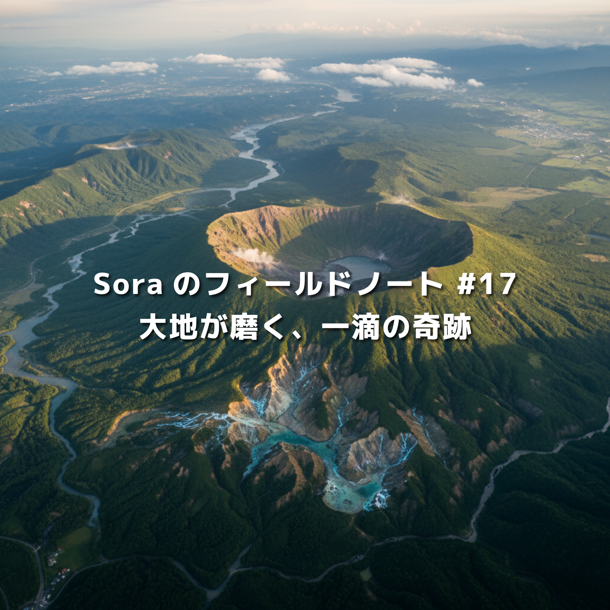 阿蘇の巨大カルデラを見下ろす空撮風景と「Soraのフィールドノート #17 大地が磨く、一滴の奇跡」というタイトルテキスト
