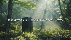 森の中に設置された小型水素エネルギーモジュールと差し込む光。地域発の分散型エネルギー社会を象徴する情景。