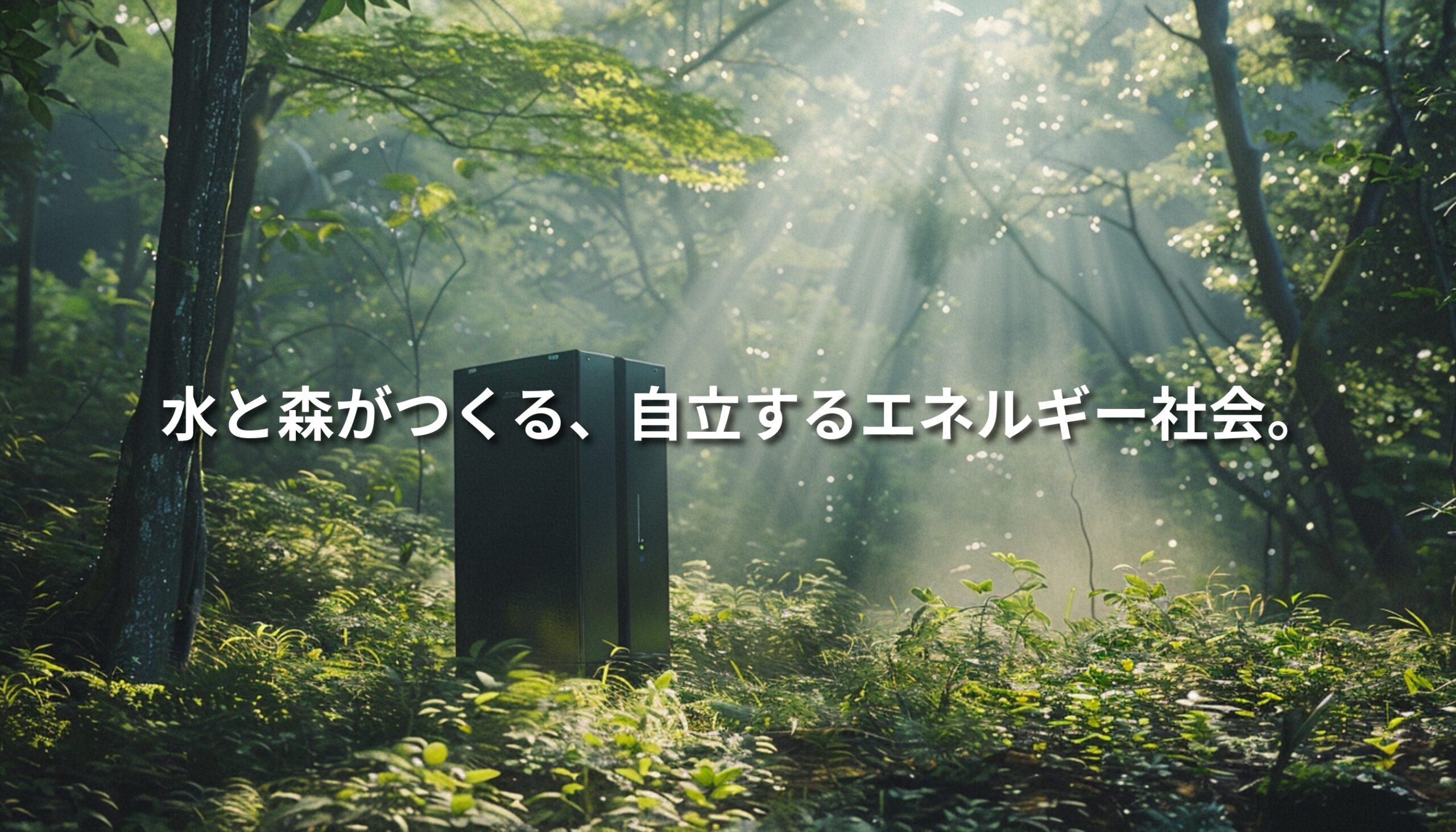 森の中に設置された小型水素エネルギーモジュールと差し込む光。地域発の分散型エネルギー社会を象徴する情景。