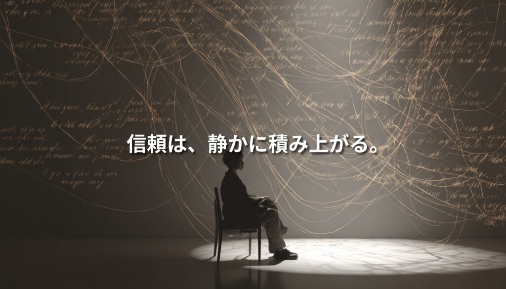 光の線が広がる空間で座る人物と「信頼は、静かに積み上がる。」というテキスト