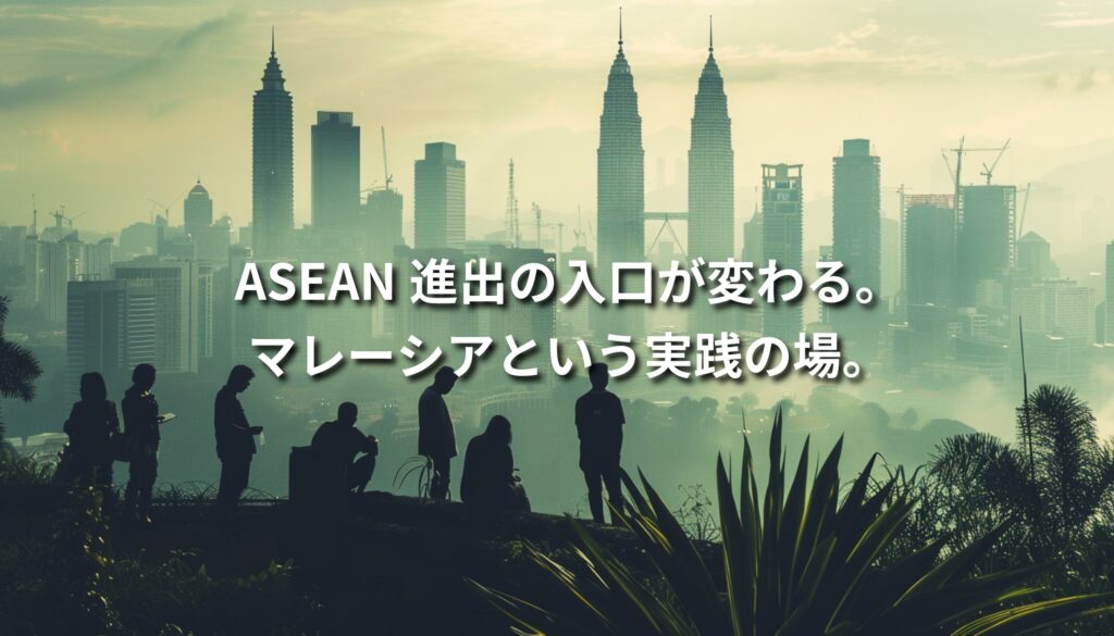 ASEAN進出の入口として注目されるマレーシア。クアラルンプールの都市景観と人々のシルエットが重なり、現場から学ぶグローバルビジネスの実践性を象徴するビジュアル。