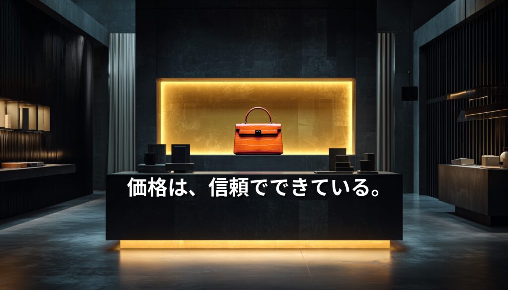高級店舗に展示されたバッグと「価格は、信頼でできている。」というメッセージ