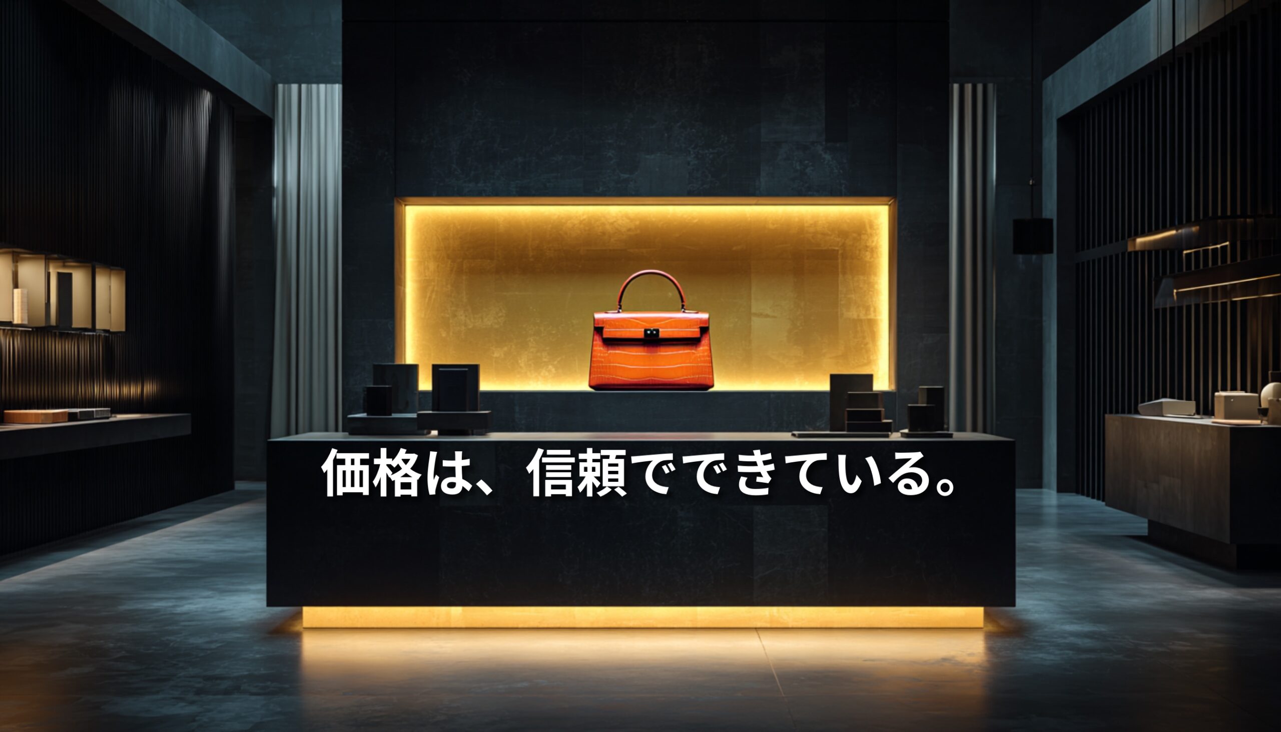 高級店舗に展示されたバッグと「価格は、信頼でできている。」というメッセージ