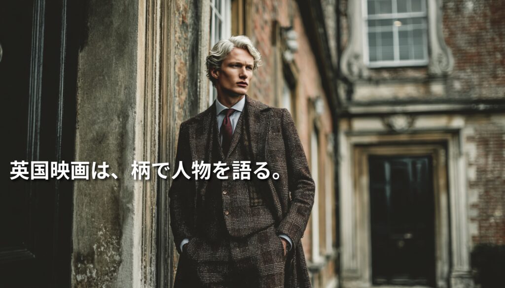 クラシックな英国建築の外壁沿いに、チェック柄のスーツとコートを着た男性が立つ。画像左側には「英国映画は、柄で人物を語る。」という白文字が配置されたアイキャッチ画像。