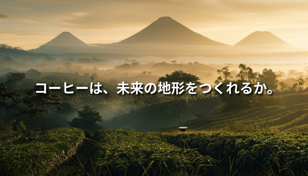 火山に囲まれたグアテマラのコーヒー農園の風景。谷に広がる畑と朝の光。