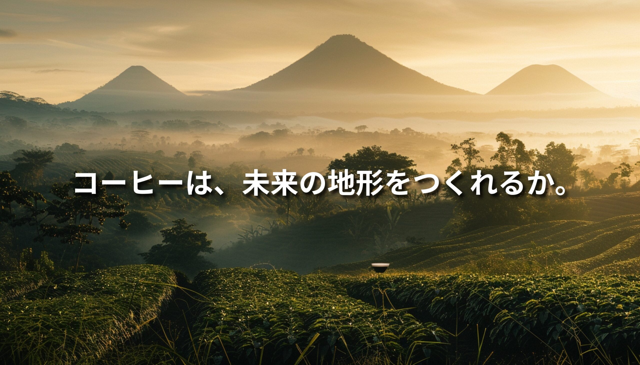 火山に囲まれたグアテマラのコーヒー農園の風景。谷に広がる畑と朝の光。