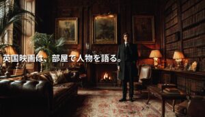 書棚と革張りソファ、暖炉、絵画が並ぶ英国風の重厚な室内に、黒いスーツ姿の男性が立つ。画像左側には「英国映画は、部屋で人物を語る。」という白文字が配置されたアイキャッチ画像。