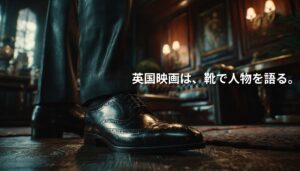 重厚な英国風の室内で、磨かれた黒い革靴を履いた人物の足元が大きく写る。画像中央には「英国映画は、靴で人物を語る。」という白文字が配置されたアイキャッチ画像。
