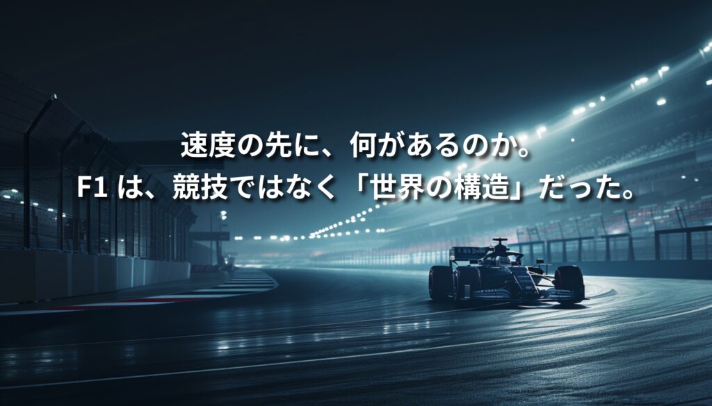 夜のF1サーキットを走るマシンと、「速度の先に、何があるのか。F1は競技ではなく世界の構造だった。」というコピーを重ねたビジュアル。