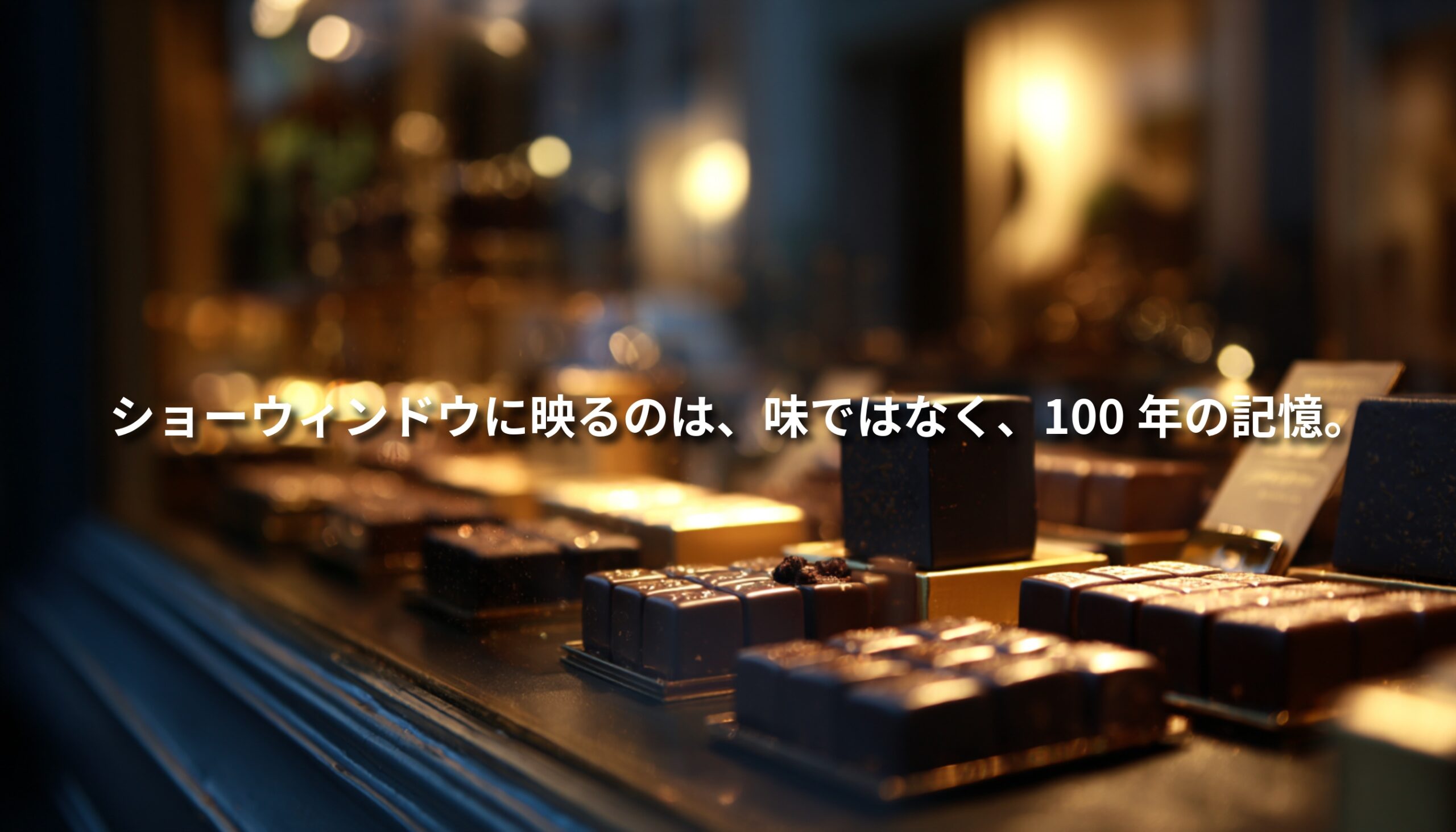 高級チョコレート専門店のショーウィンドウに、宝石のように整然と並ぶダークチョコレート
