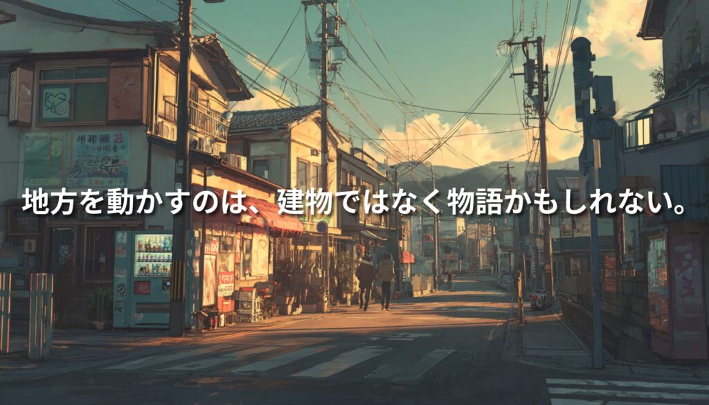 地方の商店街のような静かな町並みに朝夕の光が差し込み、「地方を動かすのは、建物ではなく物語かもしれない。」という文字が重なったアイキャッチ画像