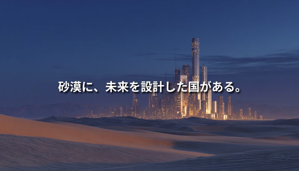 砂漠の中に近代的な都市が立ち上がるUAEのイメージ。広大な砂丘と未来的な高層建築が対比的に描かれている。