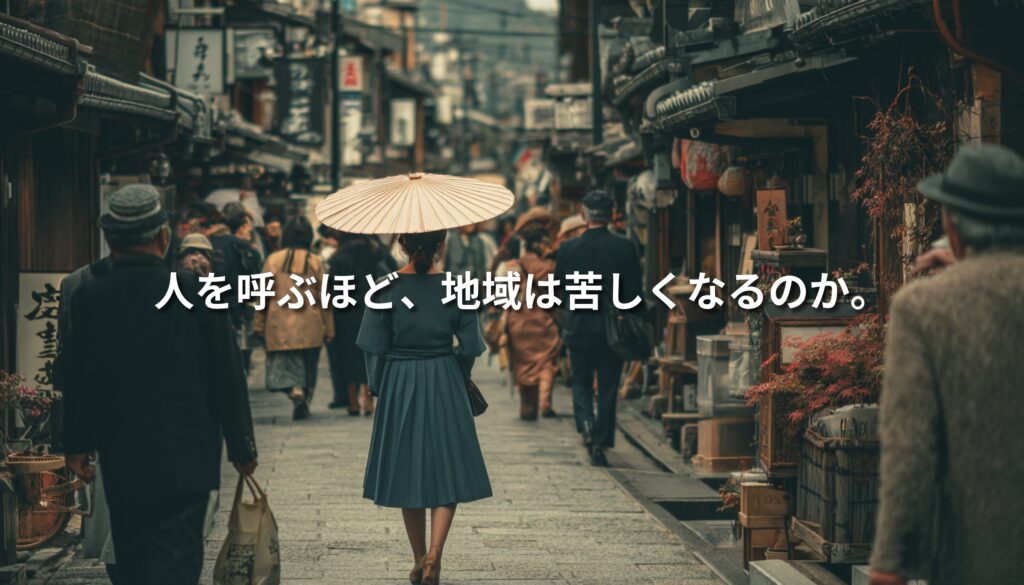 観光客と地域住民が共存する日本の街並みを通して、持続可能な観光と地域の暮らしの両立を表現したビジュアル