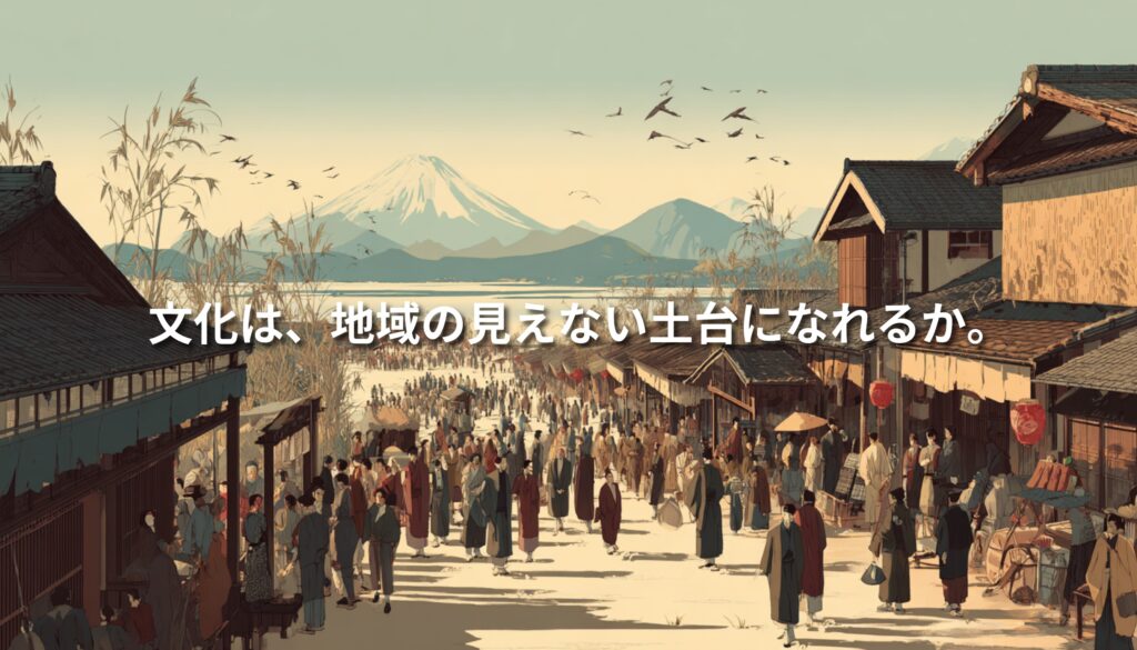 祭りや工芸、歴史的な町並みを思わせる日本の地域風景を通して、文化資源が地域経済を支える基盤になりうることを表現したビジュアル