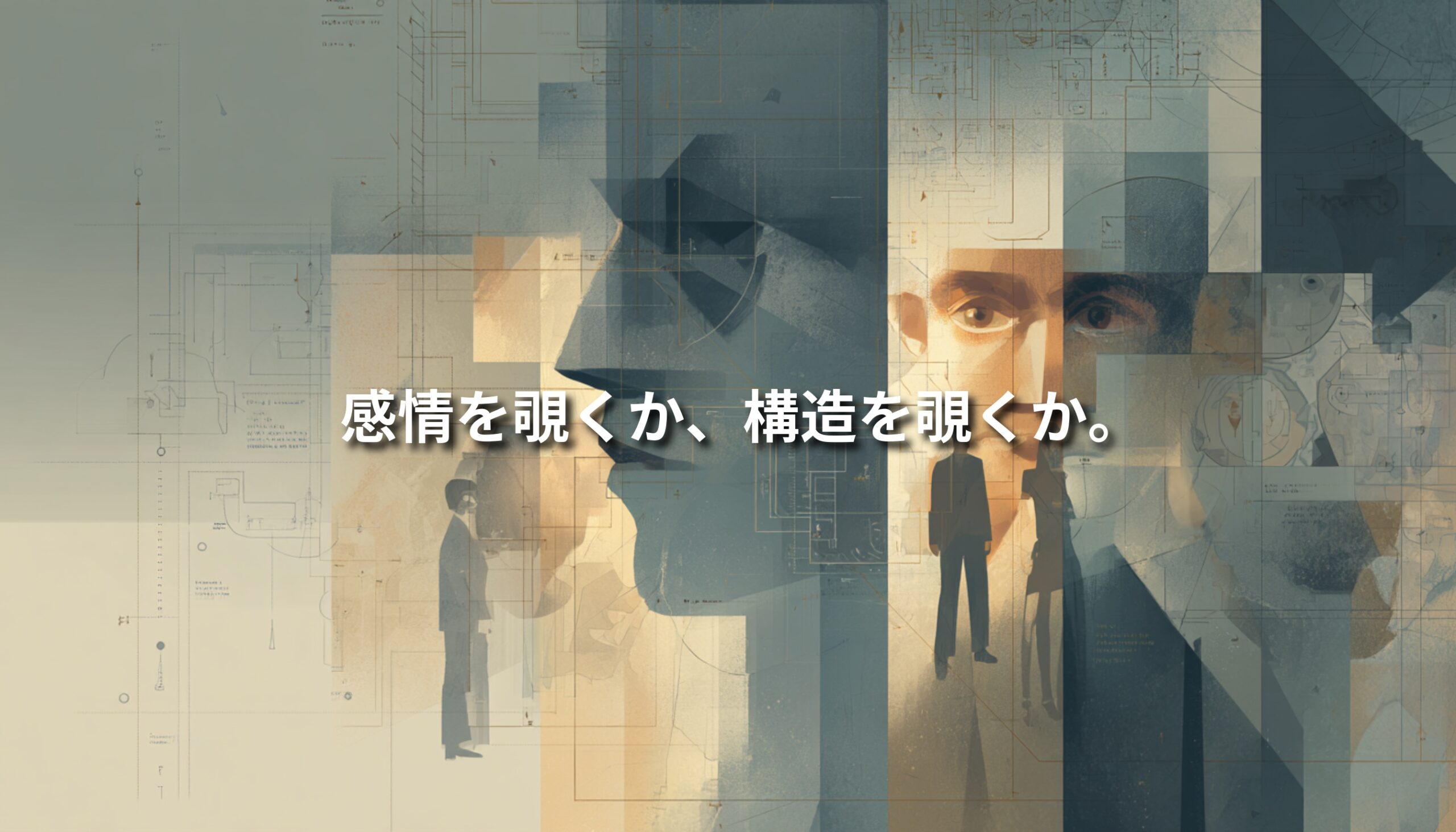 感情と構造の対比を象徴する抽象的なビジュアル。人の表情と設計図や幾何学的構造が