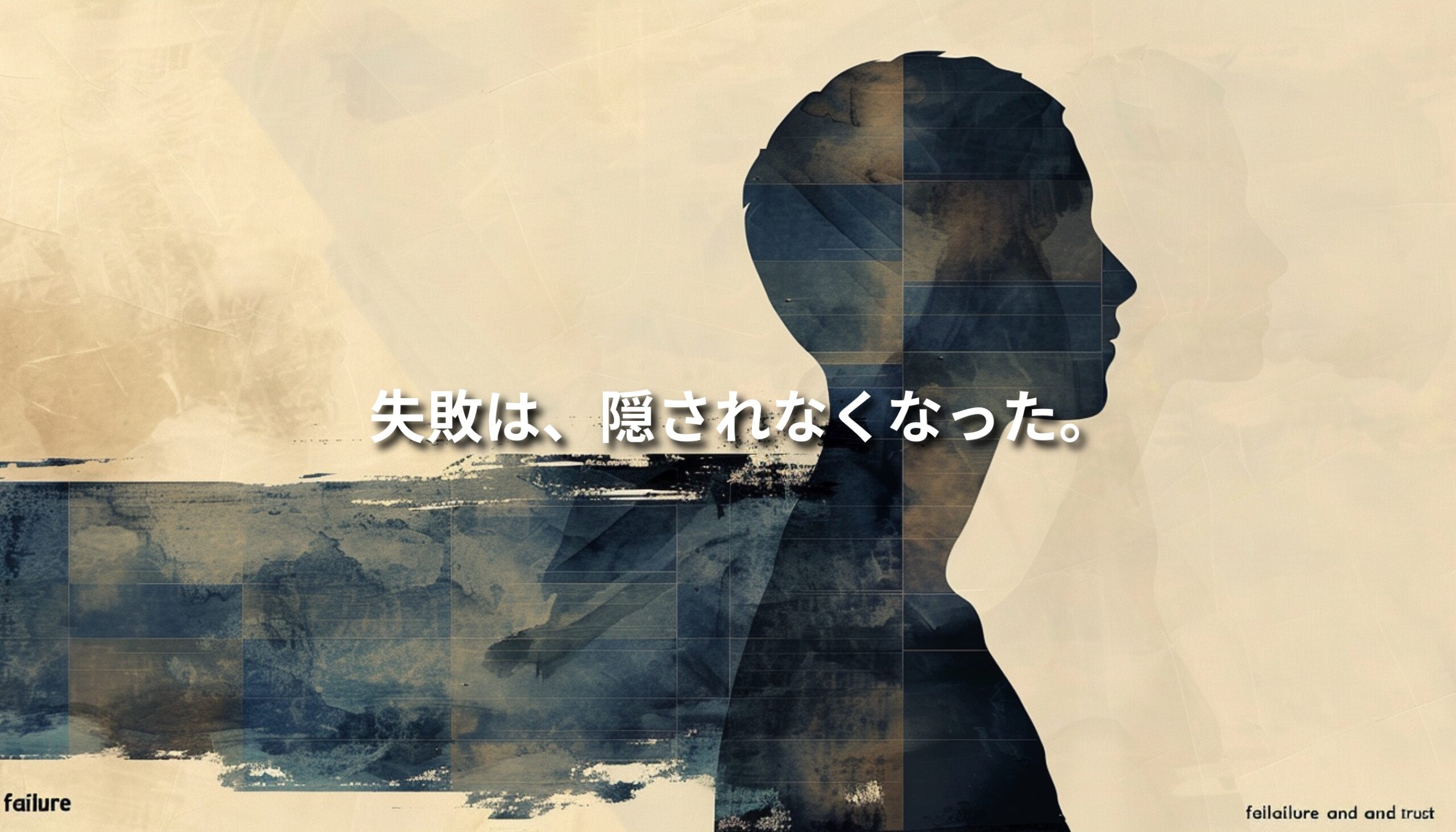 人物の横顔シルエットに不完全な構造の断片が重なった抽象的なビジュアル。「失敗は、隠されなくなった。」というメッセージとともに、弱さの開示が信頼につながる構造を象徴している。