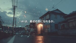 夕暮れの住宅街に灯る一軒の明かりと、空中に漂う光の粒で、相談の入口としてのAIを表現したアイキャッチ画像