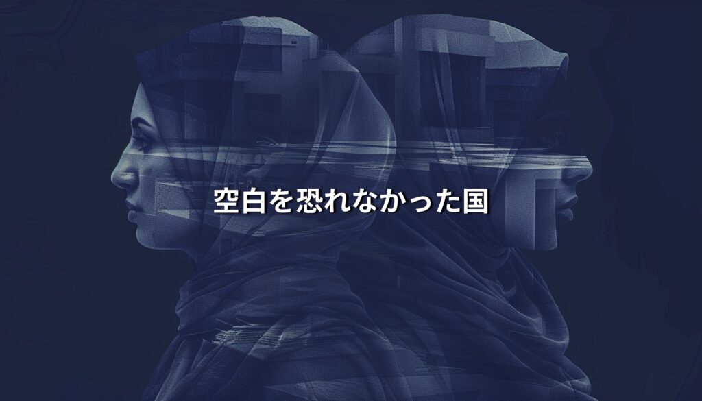ネイビートーンの背景に、アラビア人女性の横顔を左右対称に重ね、内部に都市建築のイメージを重ねたダブルエクスポージャー表現。「空白を恐れなかった国」という思想を象徴するビジュアル。